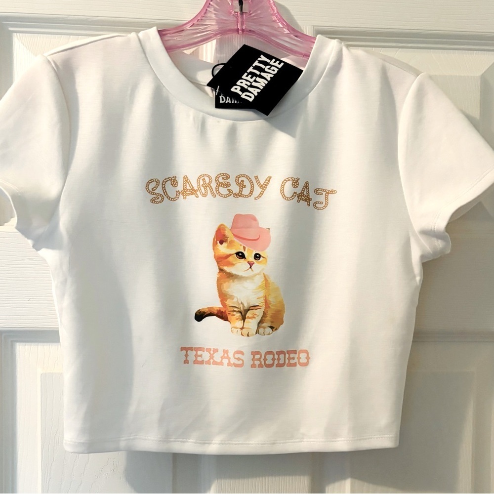 NWT Pretty Damage White Texas Rodeo Scaredy Cat Crop Short Sleeve T Shirt Size S